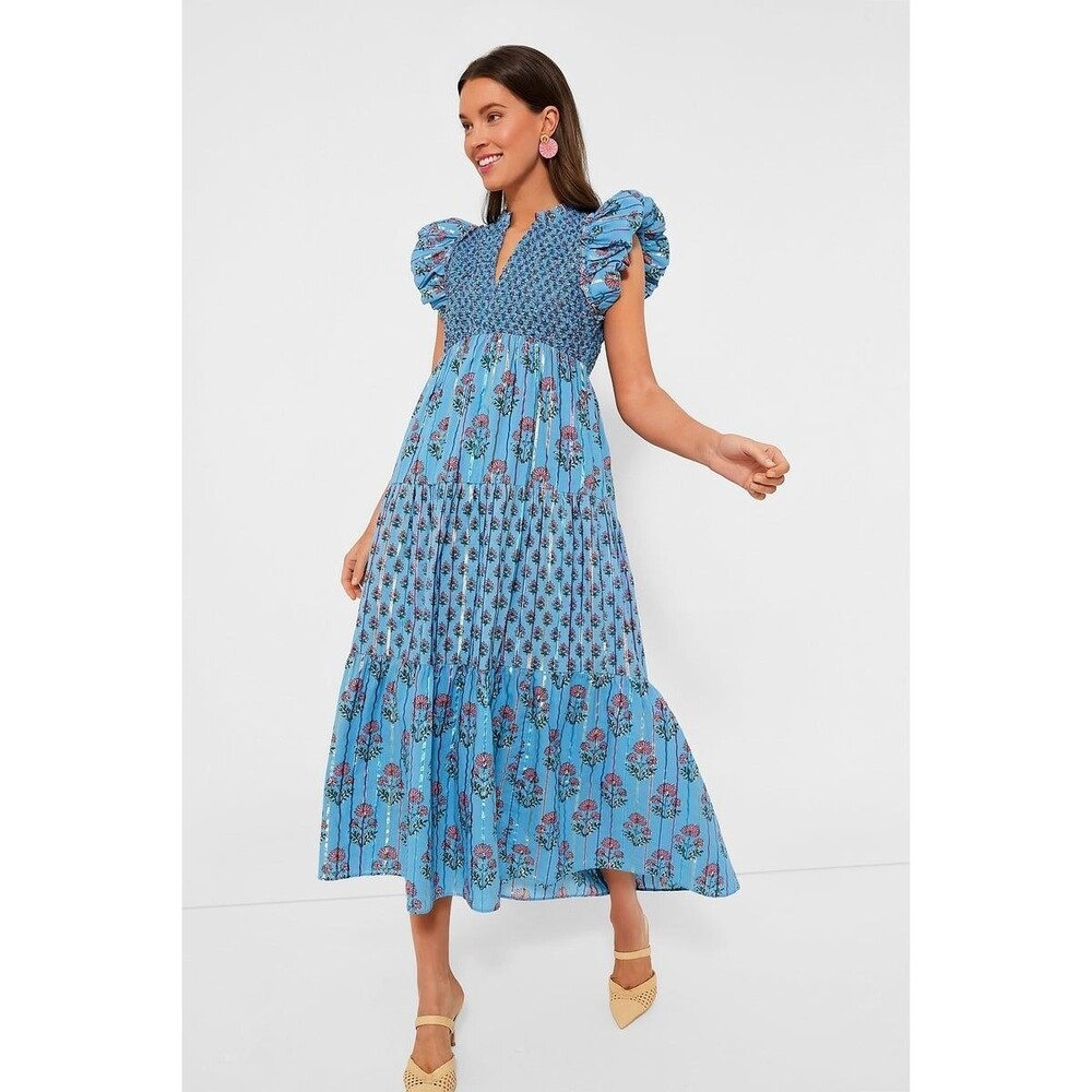 Saylor Almina Midi Dress Floral Block Printed Smocked Ruffle Cotton XL 282095